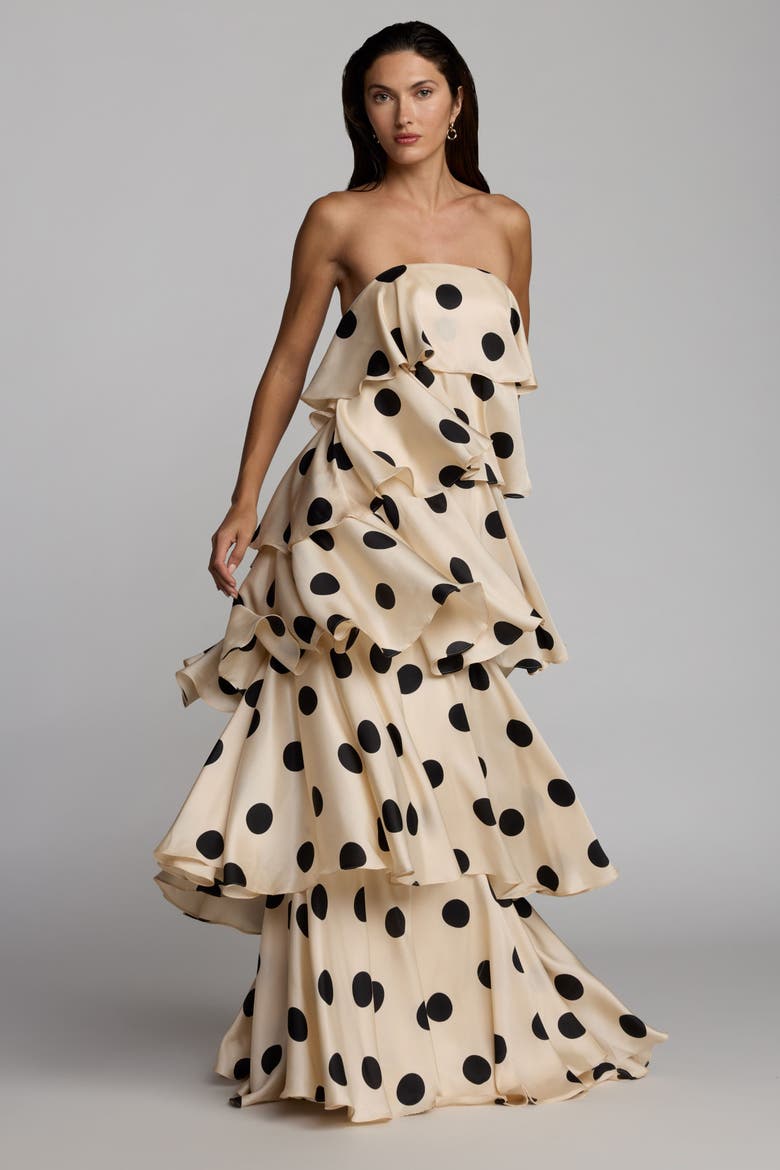 Strapless Polka Dot Charmeuse Ruffle Gown, Alternate, color, Cream Black