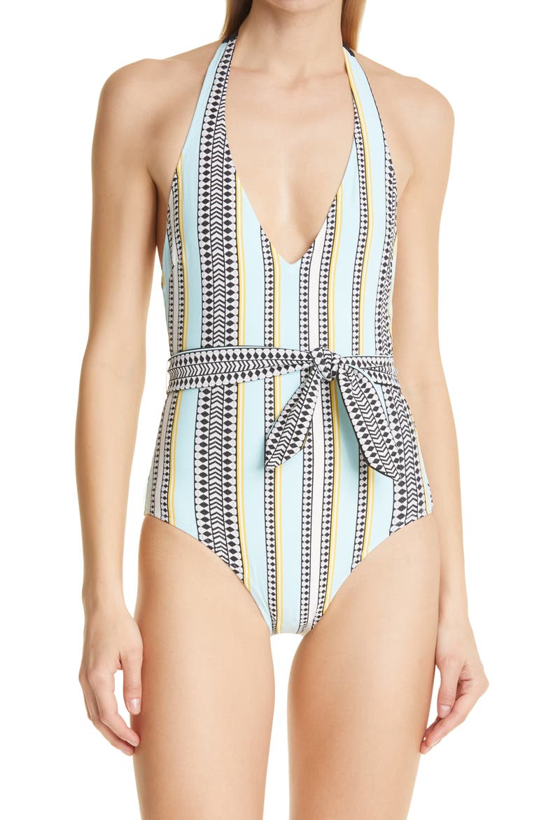 Neela Belted One-Piece Swimsuit, Main, color, LIGHT SKY BLUE