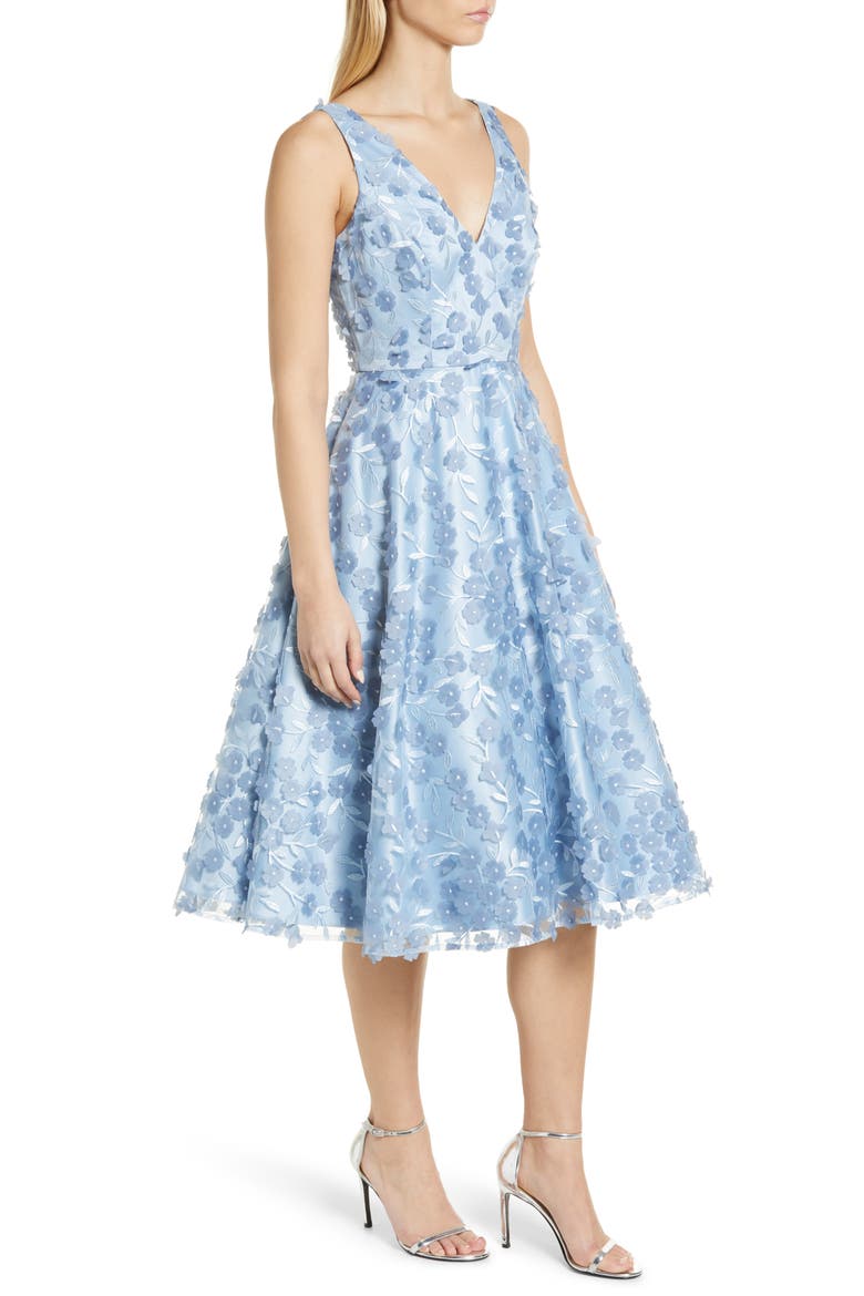 3D Appliqué Fit & Flare Cocktail Dress, Alternate, color, SKY