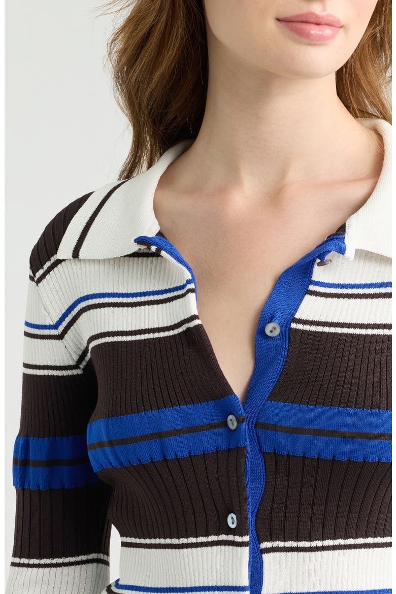 Patti Stripe Polo Cardigan, Alternate, color, CHOCOLATE W/ ECRU BLUE STRIPES