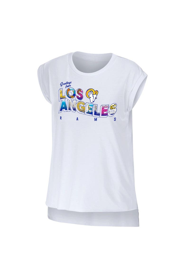 Women's WEAR by Erin Andrews White Los Angeles Rams Greetings From Muscle T-Shirt, Alternate, color, White
