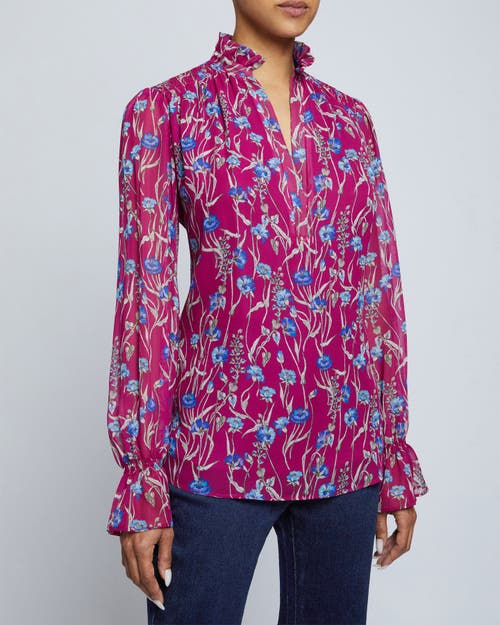 Santorelli Floral Print Smocked Shoulder Blouse In Dark Magenta