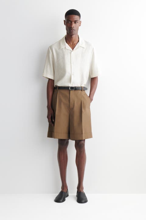 Pleated Turn-up Cotton Chino Shorts