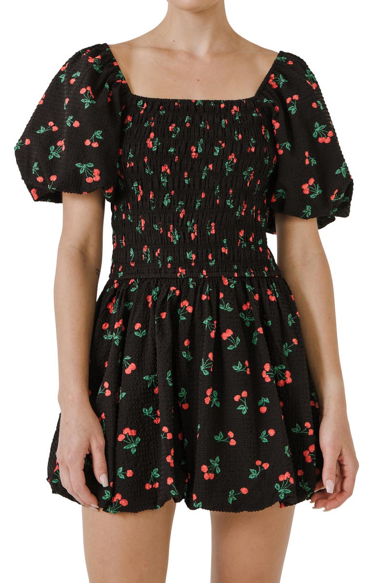English Factory Cherry Print Smocked Minidress, Alternate, color, 