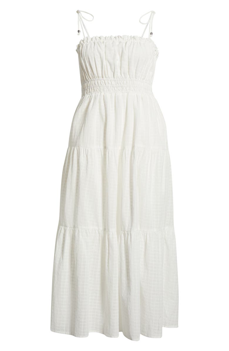 Elan Ruffle Shirred Tie Strap Tiered Cotton Seersucker Cover-Up Sundress, Main, color, White