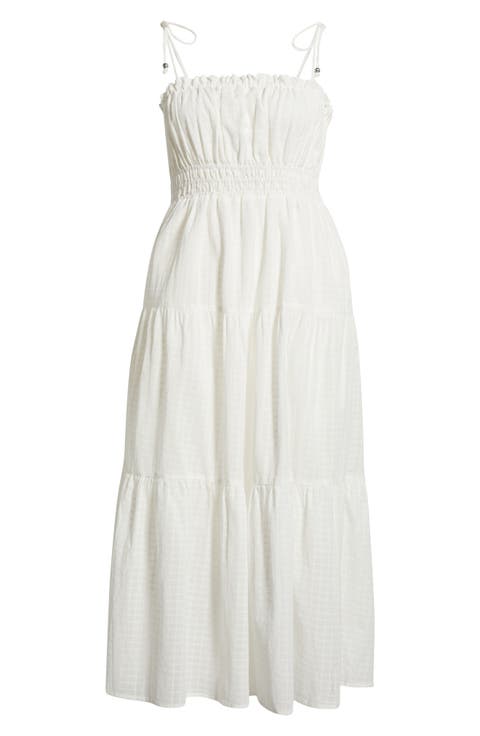 Ruffle Shirred Tie Strap Tiered Cotton Seersucker Cover-Up Sundress