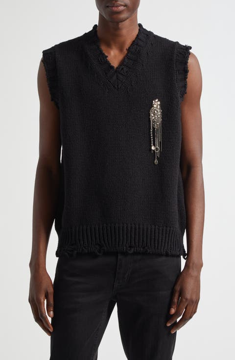 Crystal Embellished Distressed Wool Sweater Vest