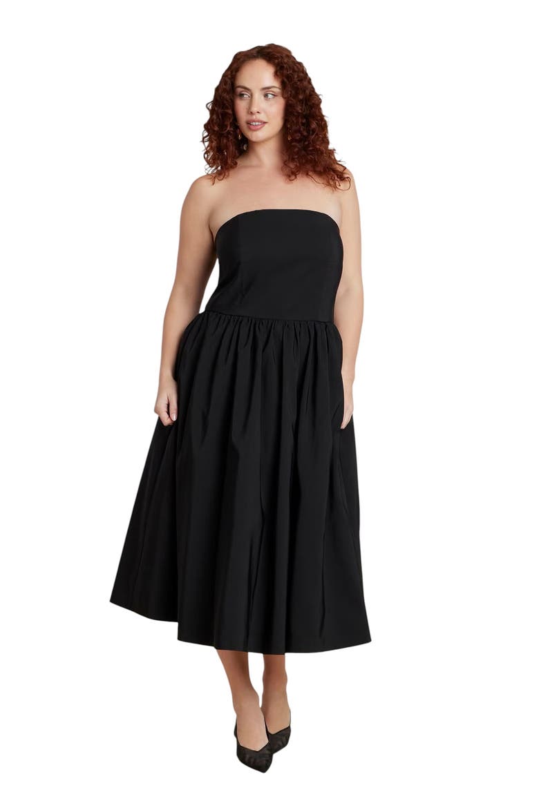 Strapless Flare Midi Dress, Main, color, BLACK ONYX