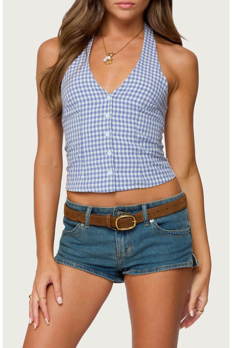 Evan Gingham Cotton Halter Top, Main, color, BLUE