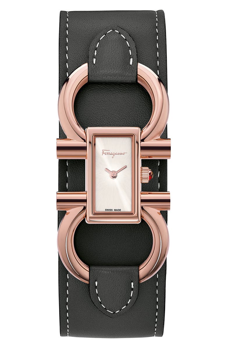 FERRAGAMO Salvatore Ferragamo Double Gancio Leather Cuff Strap Watch; 13mm x 23mm, Main, color, 
