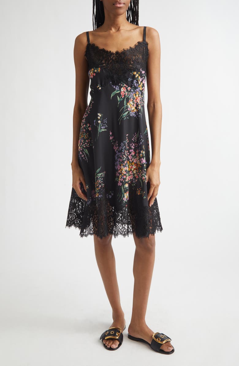 Dolce&Gabbana Floral Bouquet Print Lace Trim Habutai Silk Minidress, Main, color, Mazzi Fiori Fdo.nero