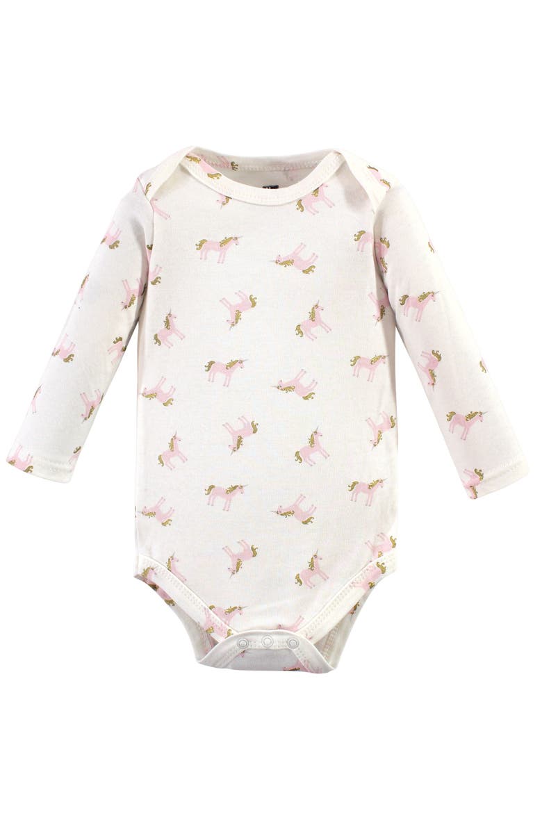 Soft Cotton Long-Sleeve Bodysuits, Alternate, color, Gold Unicorn
