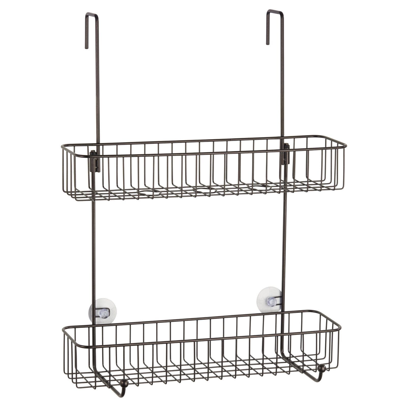 mDesign Wide Metal Over Door Hanging Shower Caddy, 2 Hooks and Baskets in Bronze 