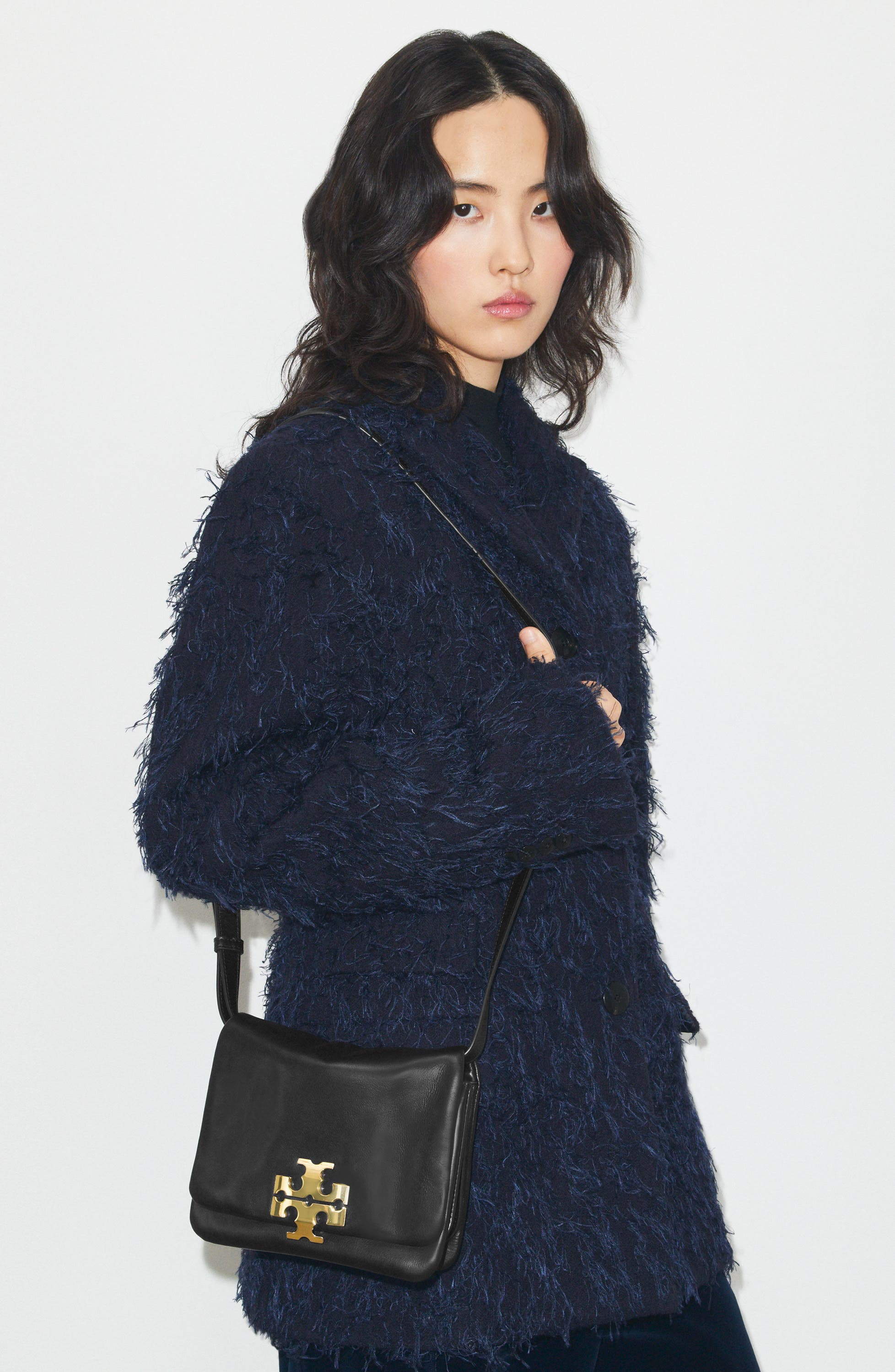 Tory Burch Kira Soft Leather Shoulder Bag, Alternate, color, Black/ Gold