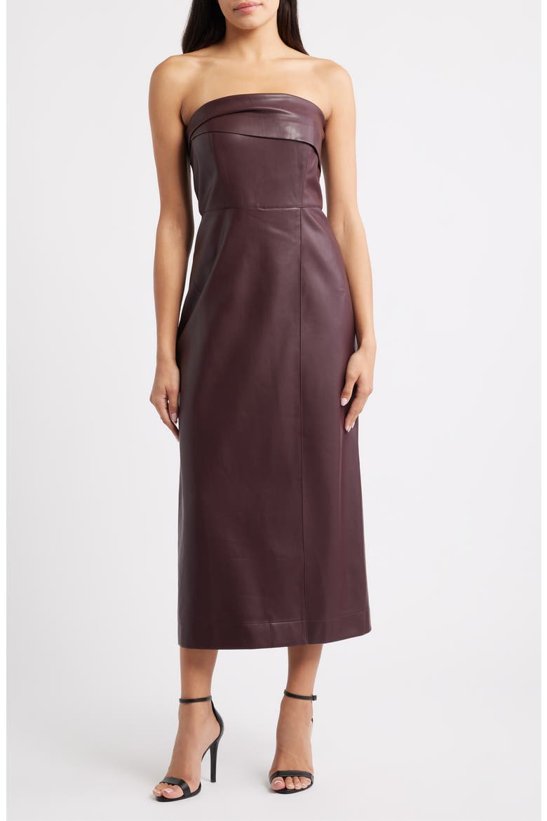 The Santana Strapless Faux Leather Midi Dress, Main, color, DARK COCOA