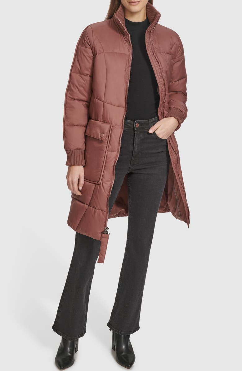 Andrew Marc Ribbed Collar Long Puffer Jacket, Alternate, color, Fig
