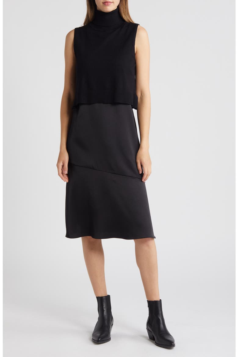 Two-Piece Sleeveless Turtleneck Sweater & Satin Slipdress, Main, color, BLACK