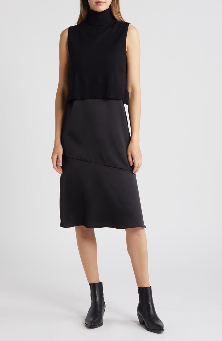 Sam Edelman Two-Piece Sleeveless Turtleneck Sweater & Satin Slipdress, Main, color, Black