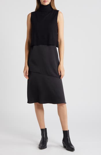 Sam Edelman Two-piece Sleeveless Turtleneck Sweater & Satin Slipdress In Black