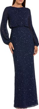 Mac Duggal Beaded Mesh Blouson Sleeve Evening Gown