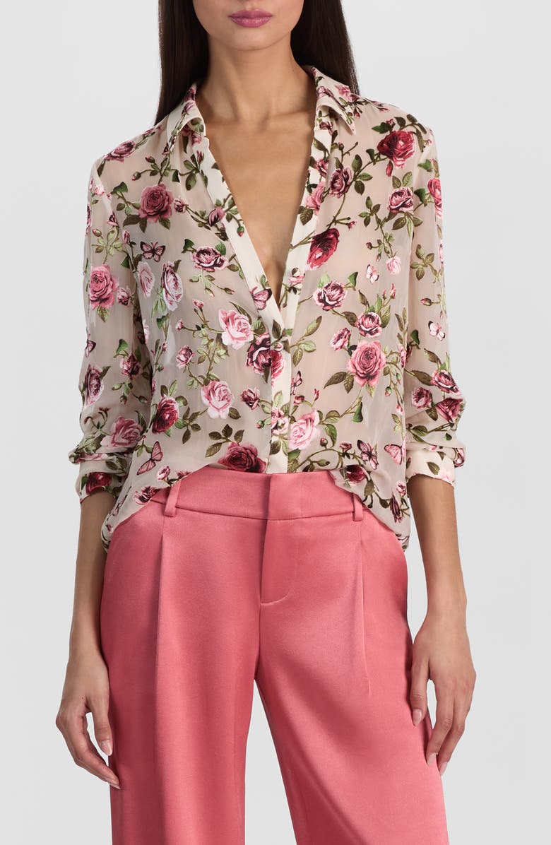 Alice + Olivia Eloise Floral Silk Button-Up Shirt, Main, color, Garden Gossip Off White