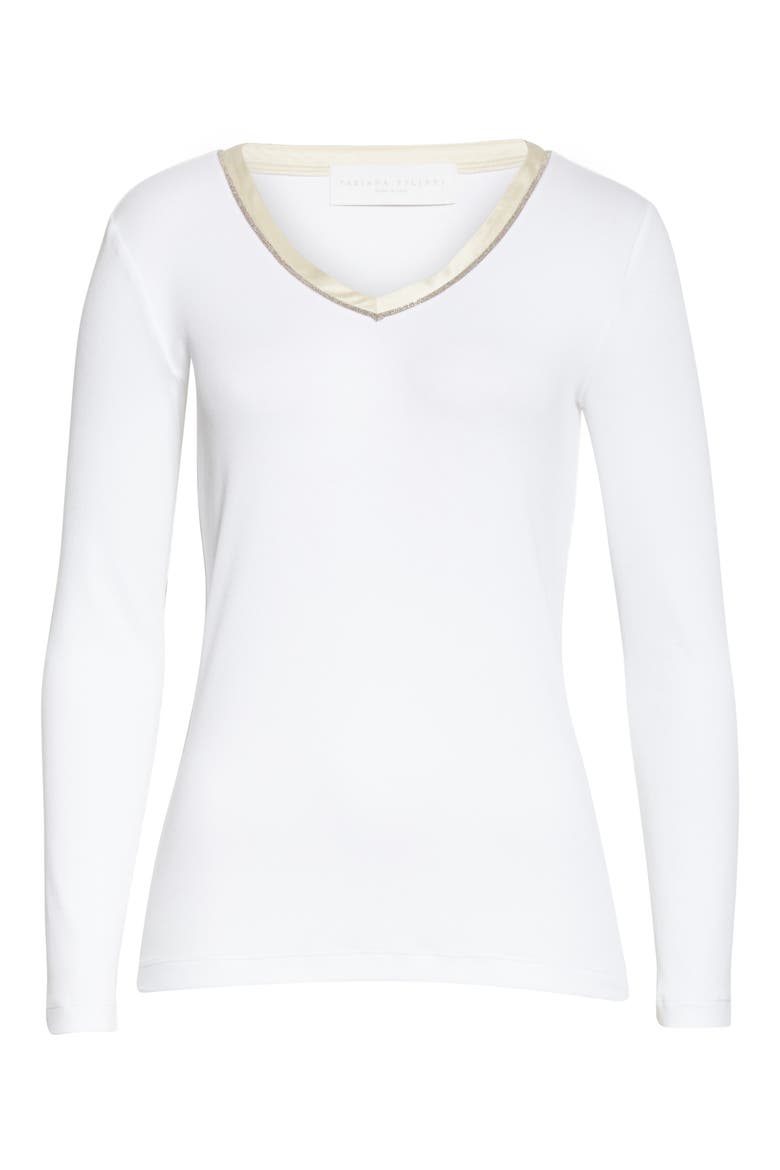 Bead Trim V-Neck Cotton Blend Tee, Alternate, color, WHITE