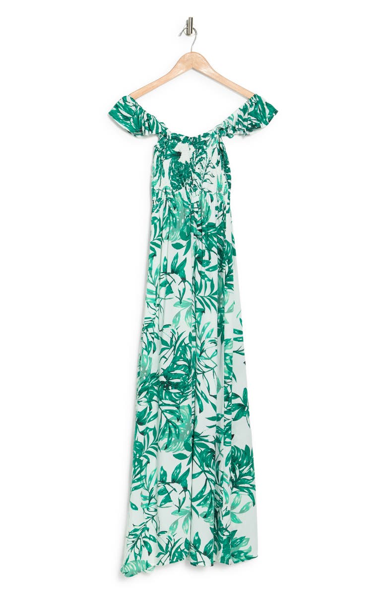 BOHO ME Smocked Off-the-Shoulder Maxi Swim Cover-Up, Alternate, color, Green Tropical