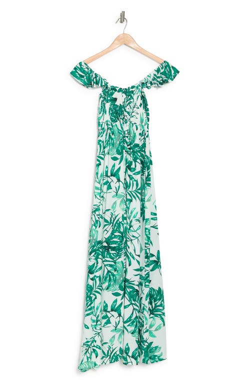 Boho Me Smocked Off-the-shoulder Maxi Swim Cover-up In Green Tropical