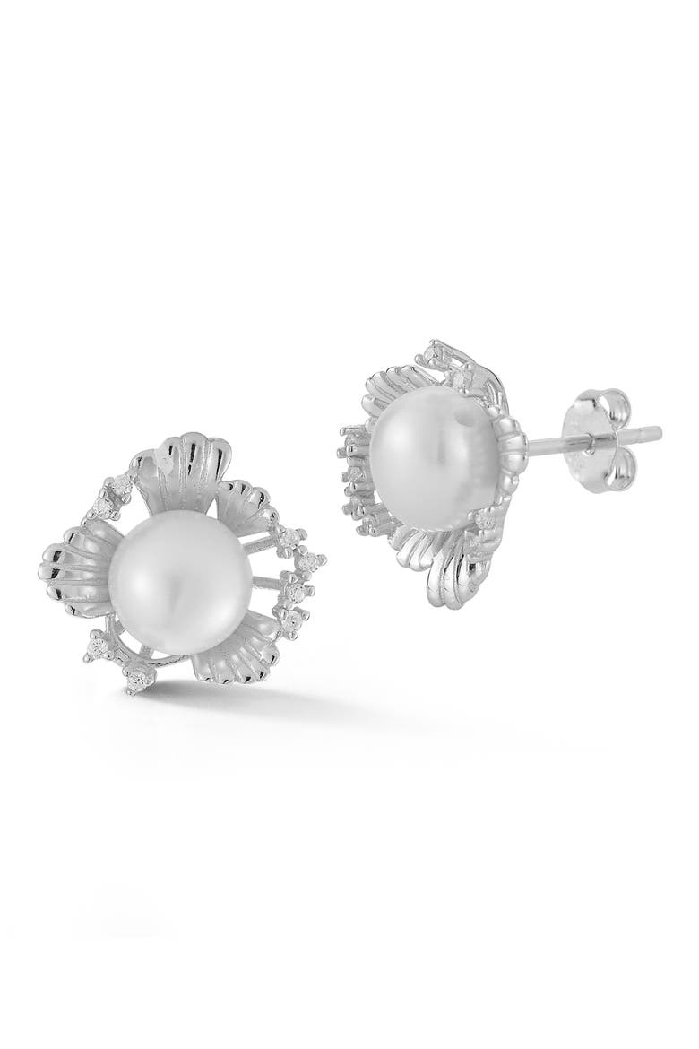 CZ & Cultured Pearl Stud Earrings, Main, color, SILVER