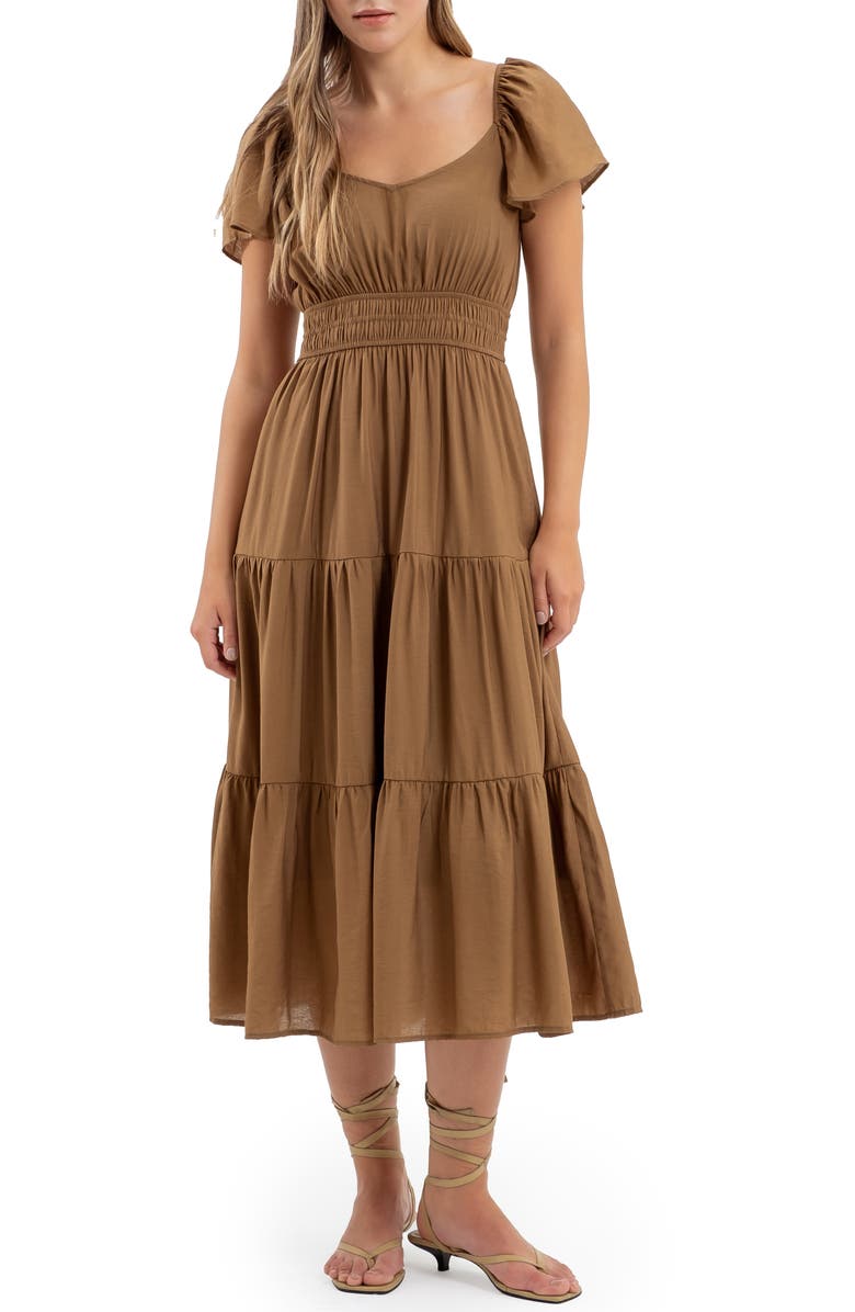 AUGUST SKY Flutter Sleeve Tiered Midi Dress, Main, color,