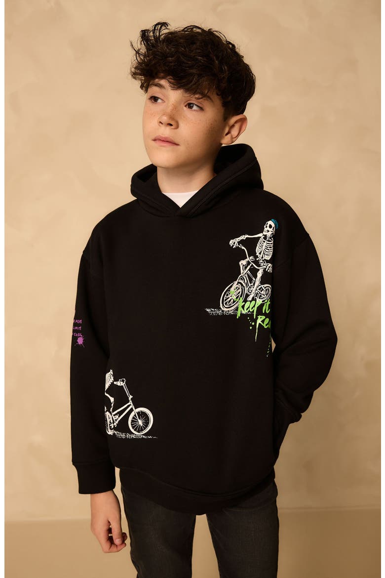 Kids' Skleton Biker Fleece Hoodie, Alternate, color, BLACK