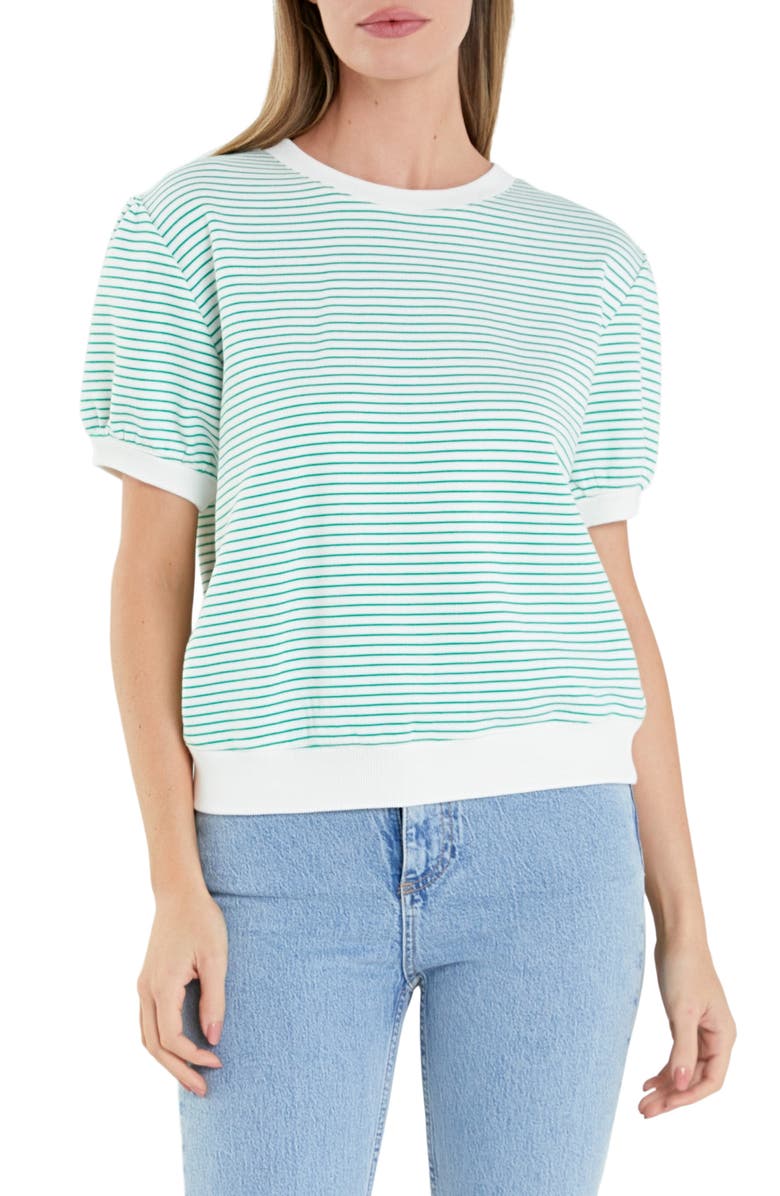 English Factory Stripe Puff Sleeve French Terry Top, Main, color, White/ Green