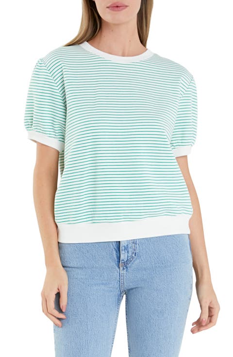 Stripe Puff Sleeve French Terry Top