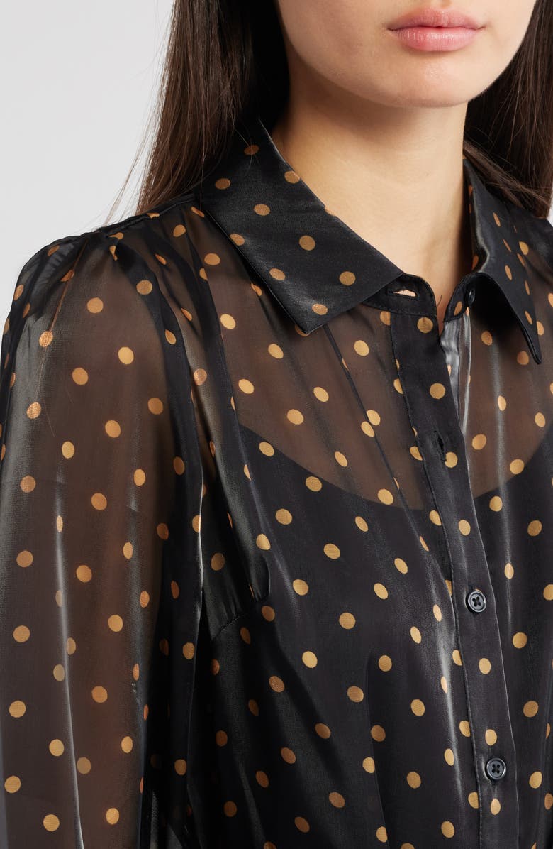 Julia Jordan Polka Dot Long Sleeve Sheer Shirtdress, Alternate, color, Black Gold
