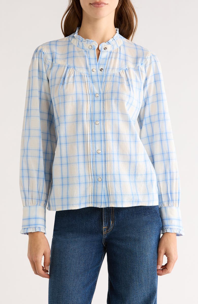 Rails Alanna Ruffle Plaid Organic Cotton Snap-Up Shirt, Main, color, Bluebell Ivory