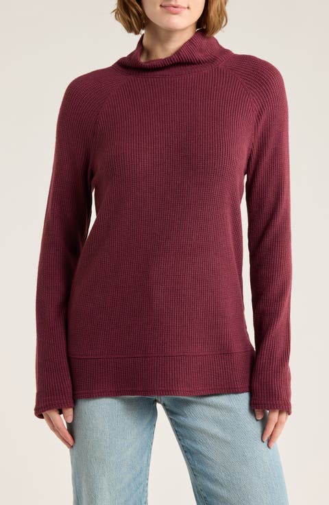 Cozy Cowl Neck Long Sleeve Waffle Knit Top