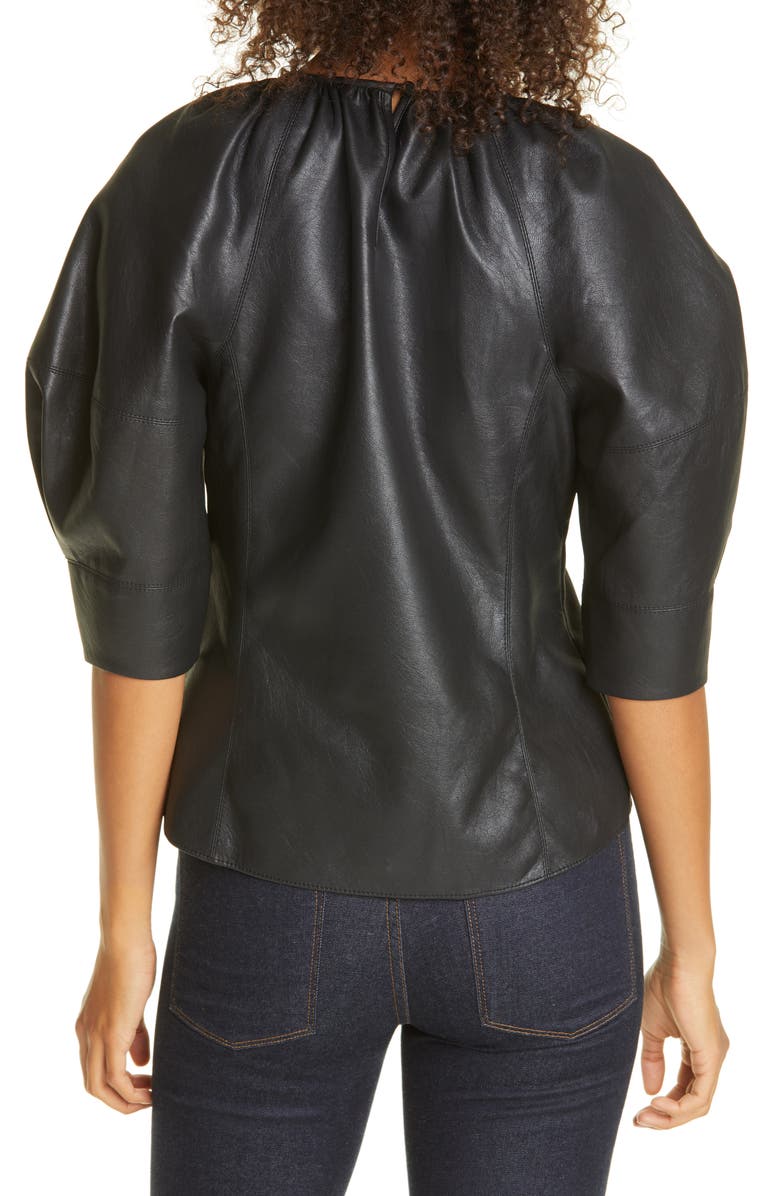 Rebecca Taylor Faux Leather Puff Sleeve Blouse, Alternate, color,