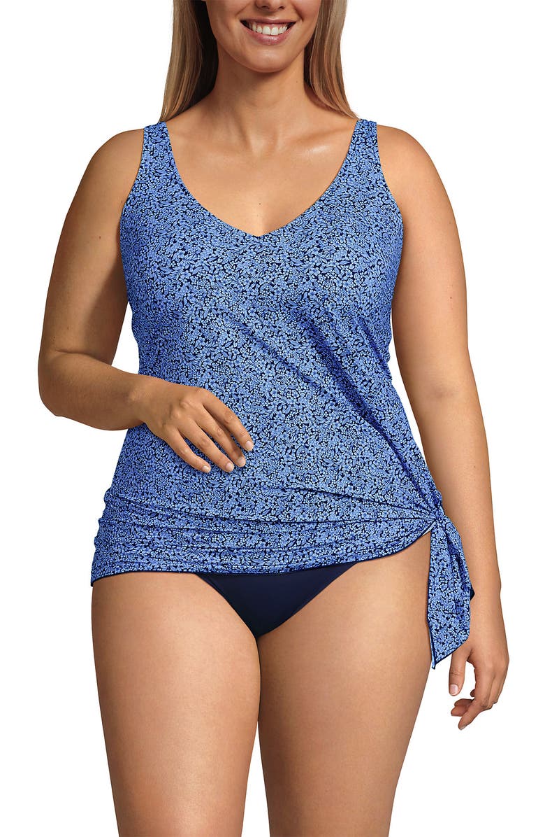 Lands' End Slender Suit Fauxkini One Piece Swimsuit, Main, color, Cloud Blue/Navy Ditsy Lilies