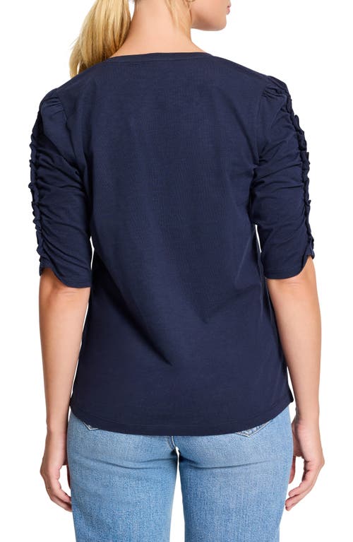 Shop Nzt By Nic+zoe Ruched Elbow Sleeve Split V-neck T-shirt In Dark Indigo