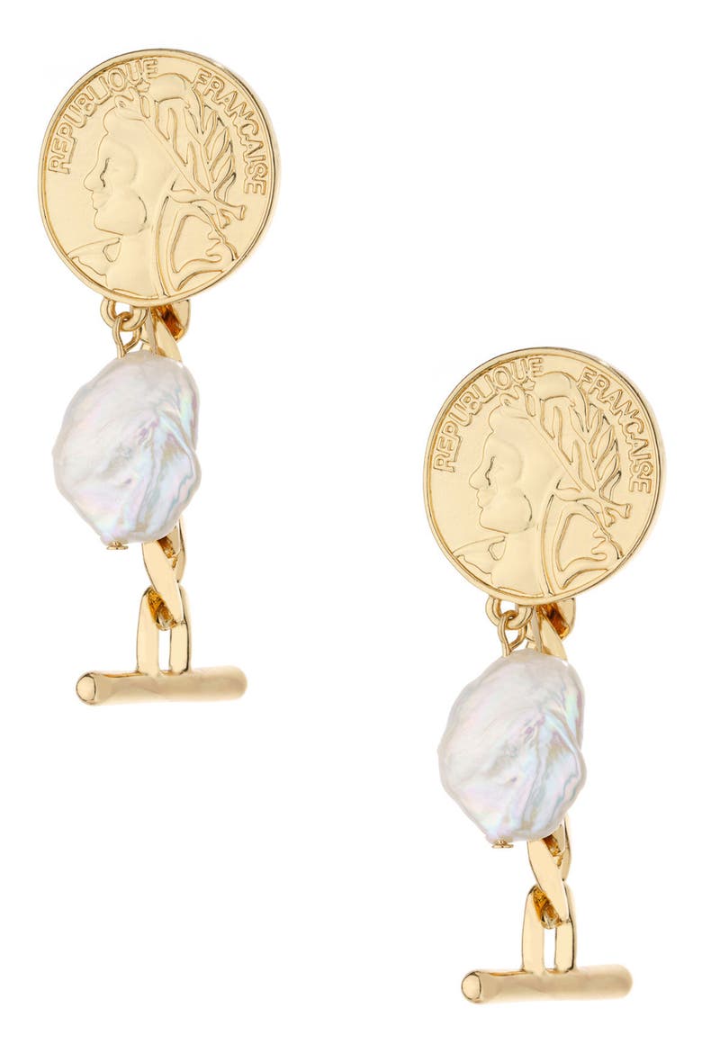 Coin Freshwater Pearl Drop Earrings, Main, color, GOLD
