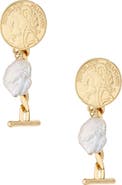 Ettika Coin Freshwater Pearl Drop Earrings