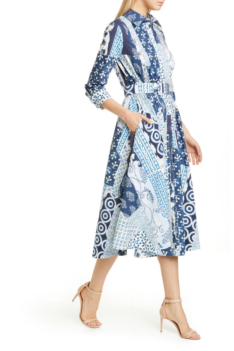 Woodblock Print Long Sleeve Poplin Midi Shirtdress, Alternate, color, INDIGO