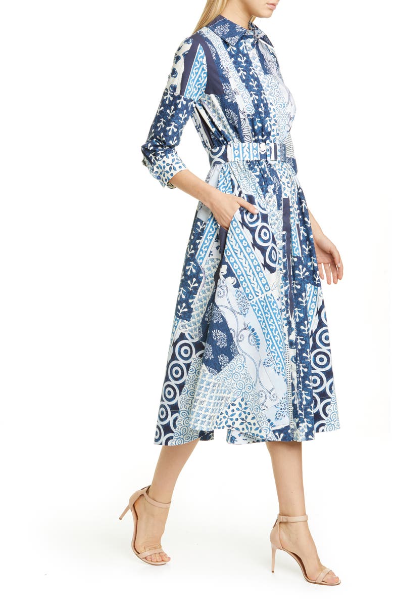 Oscar de la Renta Woodblock Print Long Sleeve Poplin Midi Shirtdress, Alternate, color, 