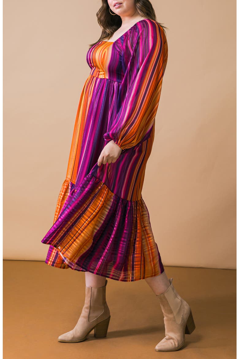 Metallic Stripe Long Sleeve Chiffon Midi Dress, Alternate, color, PURPLE ORANGE