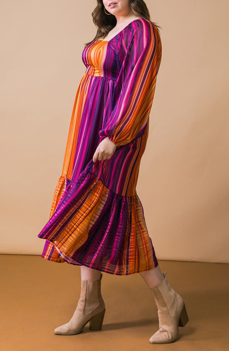 FLYING TOMATO Metallic Stripe Long Sleeve Chiffon Midi Dress, Alternate, color, Purple Orange