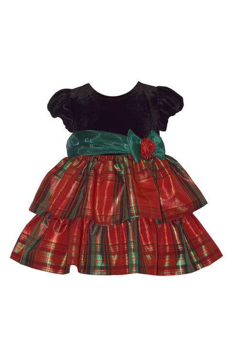 Plaid Stretch Velvet & Taffeta Party Dress (Baby)