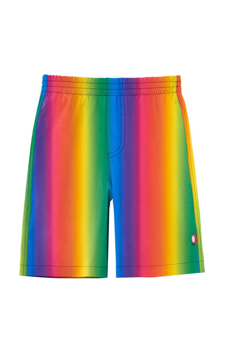 City Threads USA-Made Soft Stretch UPF 50+ Recycled Polyester Below-the-Knee Printed Swim Board Shorts, Main, color, Rainbow