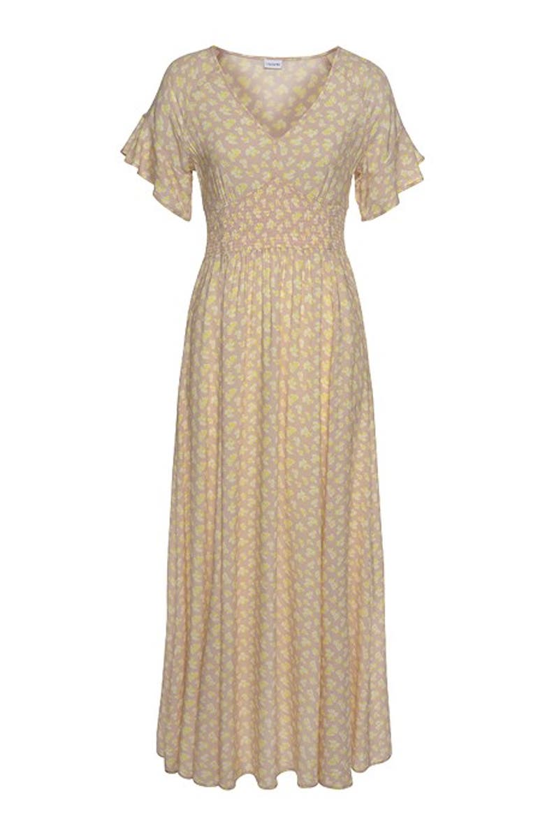 LASCANA Women's Floral V-Neck Dress, Alternate, color, Taupe Yellow