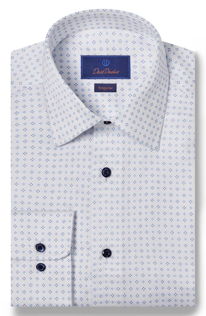 David Donahue Diamond Print Regular Fit Herringbone Dress Shirt, Main, color, White/ Blue