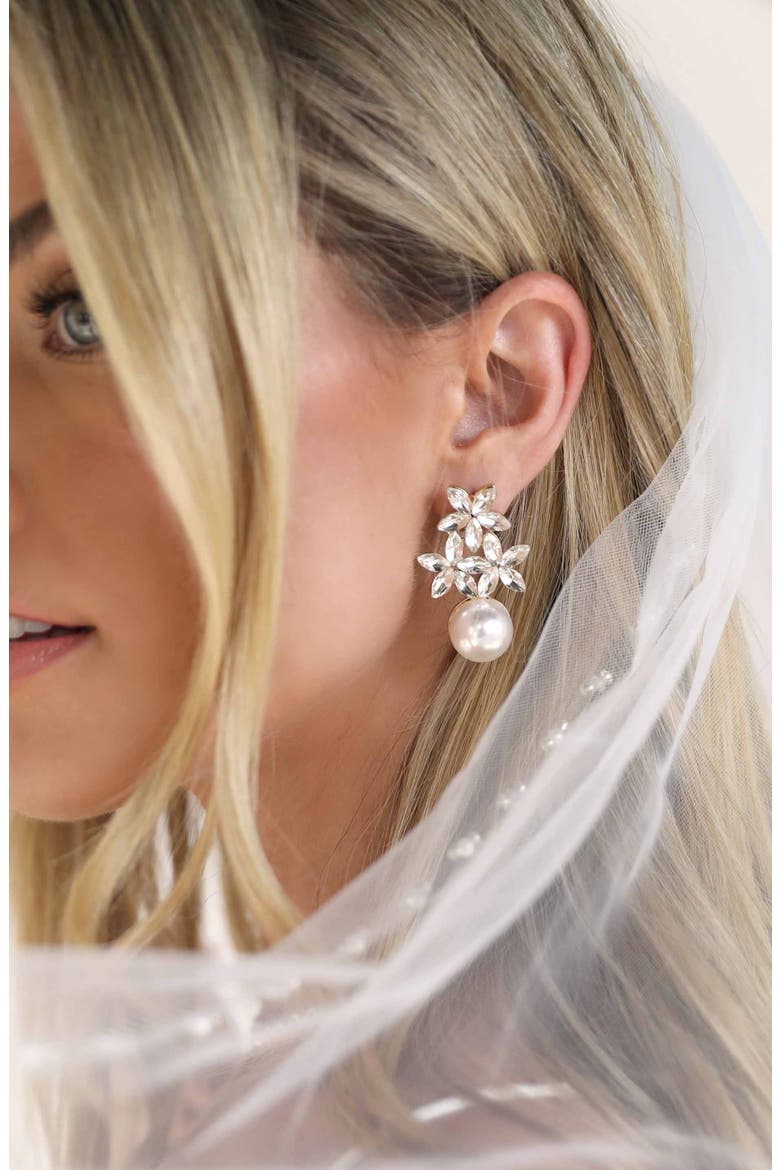 Floral Crystal & Imitation Pearl Earrings, Alternate, color, GOLD